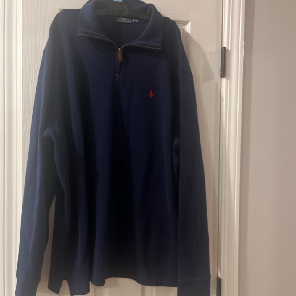 XL, men’s half zip, Ralph Lauren sweater with matching hat, navy blue